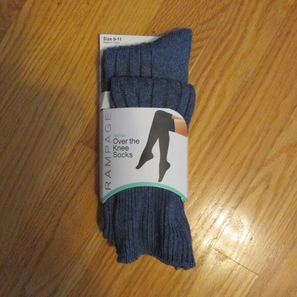 RAMPAGE FASHION SOCKS WOMENS SIZE 9 - 11 OVER THE KNEE HIGH BOOT BLUE RIBBED NEW - Picture 2 of 3